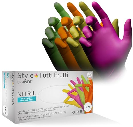 AMPRI Nitrilhandschuhe, bunt, Farbenmix, 96 Stück/Box, Größe L, puderfrei, Style tutti frutti by Med-Comfort: Nitril Einmalhandschuhe, Einweghandschuhe in den Größen XS, S, M, L, XL