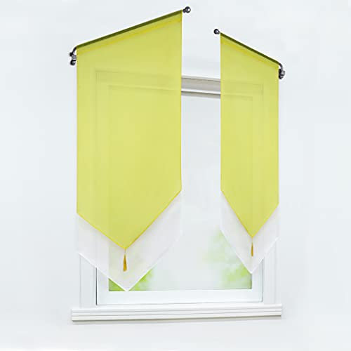 Delien Scheibengardine Modern Kurzstores Voile Türgardine Bistrogardinen Zweifarbig Gardinen Doppelschicht Kurzgardinen mit Quaste Vorhang Kurz mit Tunnelzug BxH 40x90cm,Gelb