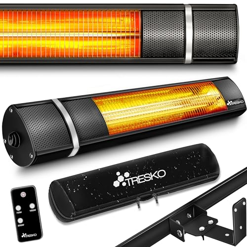 TRESKO Calefactor por Infrarrojos de Pared | 2000W + Control Remoto | Estufa Radiante con 3 Temperaturas | Radiador Eléctrico para Exterior e Interior | Calentador de Cuarzo (Negro)