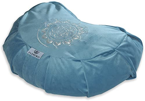 Florensi Meditation Cushion - Comfortable Floor Pillow - Traditional Crescent Meditation Pillow with Beautiful Velvet Cover - Large Floor Cushion Seating for Adults - Premium Yoga Buckwheat Bolster