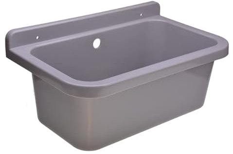 ADGO Gewerbespüle mit Große Kammer, Großraumspüle, Waschbecken, Industriespüle für Garage, Waschküche, Werkstatt, Spüle, Siphon, Montageset, Witterungsbeständig, Einkammerspüle (55X34X21 cm, Grau)