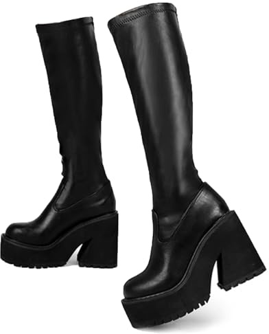 AMINUGAL Women's Elastic Knee High Platform Chunky Block High Heel Sock Boots Zipper Round Toe Fashion Motorcycle Combat Punk Boots Black size 7