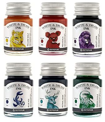 Octopus Write and Draw Ink Set RAINBOW, wasserfeste Tinte zum Schreiben und Zeichnen, Kalligraphietinte, Zeichentusche für Füllhalter, 6x10 ml