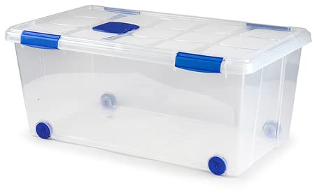ForenTex Caja Almacenaje Plástico 61L con Tapa y Cierres (N7) – Transparente, Apilable, para Equipamiento Deportivo, Herramientas Eléctricas, Ropa de Cama y Juguetes Grandes