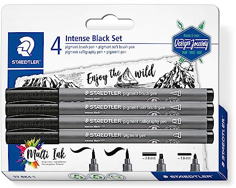STAEDTLER Juego de pinceles de pigmento negro intenso, diferentes pinceles, pincel suave, caligrafía y puntas de revestimiento, color negro intenso, resistente al agua, 4 plumas en blíster, 37 BK4-1