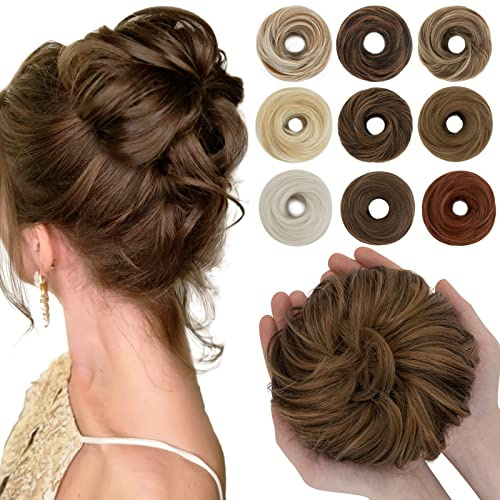 55g SEGO Moños Postizos Rizados Voluminoso Extensiones de Pelo Sintético Se Ve Natural Recogidos Coleteros Gruesos para Mujer Accesorios Coleta Postiza (Castaño Claro/Castaño Café)