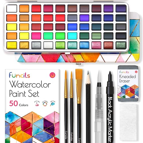 Funcils Aquarellfarben Set - Aquarell Malkasten Inklusive 50 Watercolor mit Metallic Farben und Fluoreszenzfarben, Wasserfarben Malen für Anfänger und Profi, Wasserfarbkasten Künstlerqualität
