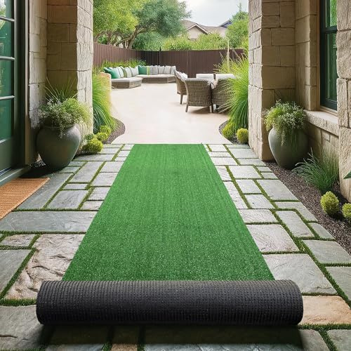 Sweet Home Stores Artificial Faux Grass Runner Rug 3x25 Indoor/Outdoor with Drainage Holes, Customizable Runner Rug for Backyard, Patio, Garage Rug, 2'7 x 25'