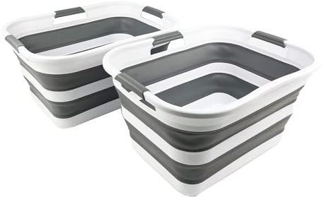 SAMMART 30L zusammenklappbarer Kunststoff-Wäschekorb – faltbarer Pop-Up-Aufbewahrungsbehälter/Organizer – tragbare Waschwanne – platzsparender Korb/Korb (Weiß/Stahlgrau (2er-Set))