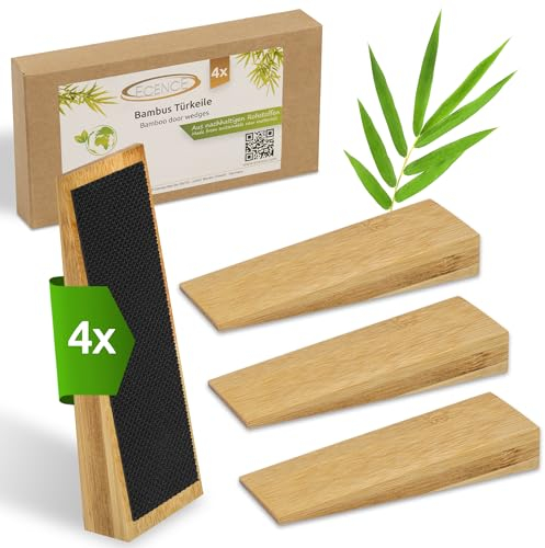 ECENCE Set di 4 Fermaporta da Pavimento in Bambù Antiscivolo con Gomma, Blocca Porta per tutte le porte, Cunei in Bambù per porte interne e d'ingresso