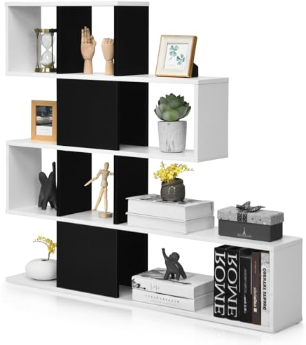 HOMASIS Bücherregal mit 4 Ebenen, Raumteiler Regal mit 10 Würfeln, offen Stufenregal, Treppenregal aus Holz, modern Standregal Organizer Würfelregal für Wohnzimmer, Schlafzimmer, Büro (Schwarz+Weiß)