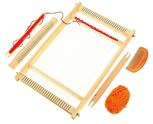 Großer Webrahmen - 30x40 cm Kinder-Set Grundschule Schulausstattung und Wolle für Webrahmen, Einstellstab, Kamm Holz, Schiffchen & Nylon Schnur - Set Für Anfänger