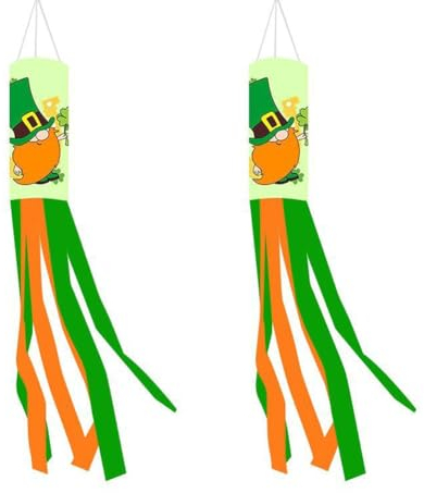 Geluode St. Patrick's Day Windsock Flag,2 Pcs St. Patrick's Day Leprechaun with Shamrock Windsock Hanging Decoration Holiday Green Wind Socks for Garden Patio Lawn Front Yard Tree Party Decor,39 Inch
