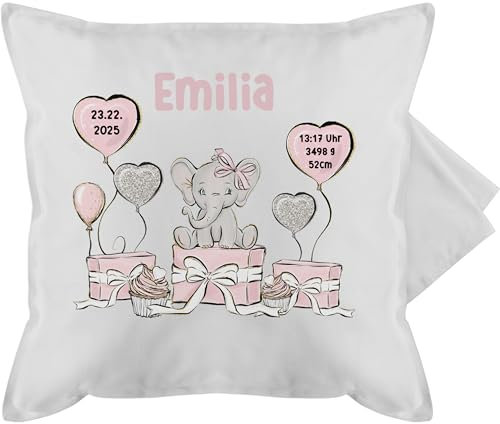 Kissenbezug - Baby Geschenk zur Geburt Mädchen Elefant personalisiert Name Geburtsdaten I Taufe - 50 x 50 cm - Grau - Kissen Geschenke Neugeborene Junge Geburtsgeschenk Elefanten kissenhülle