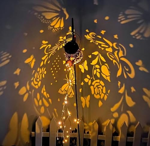 RuiDay Solar-Gießkannen-Lichter für den Außenbereich, Blumenfee, Metall, Solarlaterne, hängende wasserdichte Duschlichter mit Halterung für Terrasse, Hof, Weg (Schmetterling)