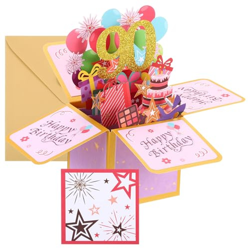 PATIKIL Geburtstagskarte Frauen Mütter Männer Freundin Geschenk-Karte | zum 90. Geburtstag Pop-Out Grußkarten Happy Birthday 3D Grußkarte und Umschlag für, Goldfolie
