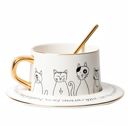 KOOLASA Ceramic Coffee Mug Sets Tea Cup with Spoon Saucer Cup and Saucer Sets 250ml Cats White