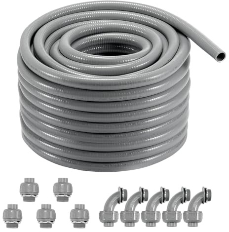 VEVOR 1-Inch Flexible Electrical Conduit, 100 ft, PVC Liquid-Tight Conduit Non-Metallic with 5 Straight and 5 90-Degree Conduit Connector Fittings, for Air Conditioning Motor Controller Pump, IP65