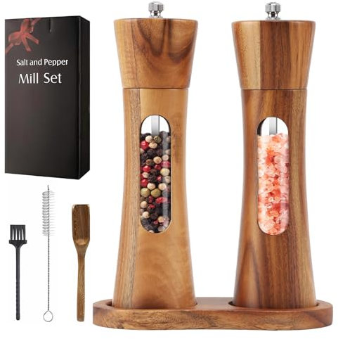 Sonhomay Acrylic Salt and Pepper Grinder Set Wooden Manual Spice Pepper Mills with Adjustable Ceramic Grinding Core Manual Salt and Pepper Mills with Wood Tray