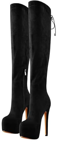 VERISSON Botas de tacón de aguja por encima de la rodilla con cordones Tacón Stiletto para mujer, Franela Negra, 37 EU
