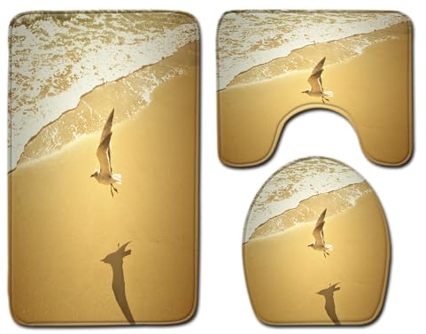 Bad Teppiche Set 3-Teiliges Gelbe Strandtaube WC Vorleger Mit Ausschnitt Badematte Saugfähig WC Deckelbezug Badvorleger rutschfest Waschbar Toilettensitzbezug Badgarnitur (45x75cm)