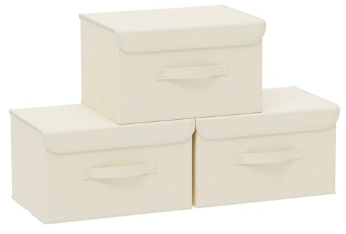 ENUMAIL Tygförvaringslådor behållare, kuborganisatörer med lock och handtag, fack för att organisera hem, kontor och garderob, beige, 3-pack, 33 x 23 x 20 cm