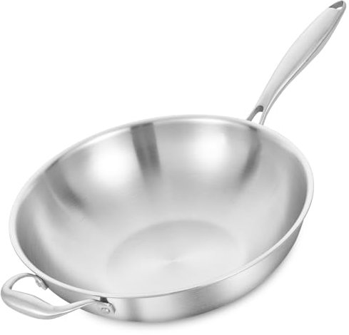 LOLYKITCH 14.5 Inch Stir-Frying Wok Pan, Tri-Ply Stainless Steel Induction Cooking Wok Pan,Dishwasher and Oven Safe,Heavy Duty and Detachable Handle.