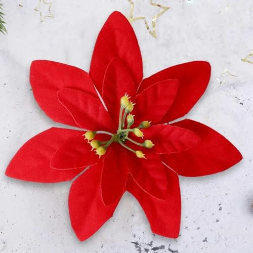 KOMINF Glitzerpuder, große Seiden-Weihnachtsblumen, 12–14 cm, künstliche Blume für Christbaumschmuck, Festliche Dekoration für Zuhause und Partys, Rot, 14 cm, 5 Stück