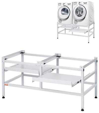 VEVOR Socle Machine à Laver 1230x635 cm Support Lave-Linge Double Plateau, Charge 267 kg, Base Piédestal de Laveuse 4 Pieds Réglables, Acier Carbone, pour Buanderie Facilite Drainage Soulever Sécheuse