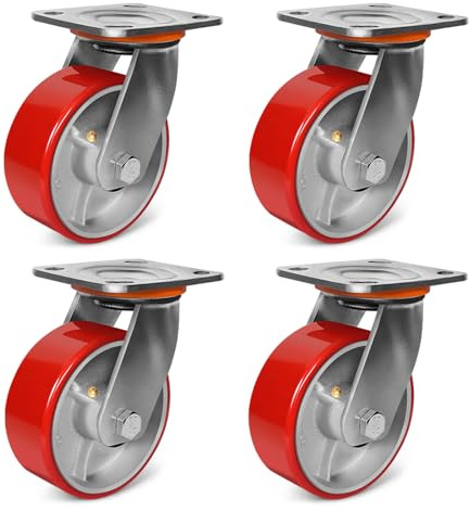 ZDNEY 5x2 Heavy Duty Casters Set of 4-4000 lb Capacity Industrial Caster Wheels with Polyurethane & Cast Iron, Swivel Plate Casters for Platform Trucks, U-Boat Carts, Military Equipment (4 Swivel)