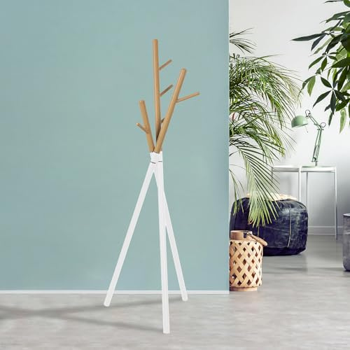 [en.casa] Garderobenständer Laerdal Jackenständer 172 x 49 x 49 cm Kleiderständer mit 5 Haken freistehende Garderobe Baumform Standgarderobe Flurgarderobe Stahl Weiß/Holzoptik