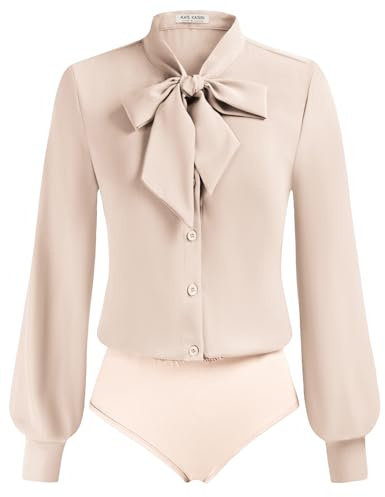 Kate Kasin Womens Button Down Shirt Business Casual Spring Summer Work Blouse Dress Casual Bow Tie Neck Bodysuit Tops Almond L