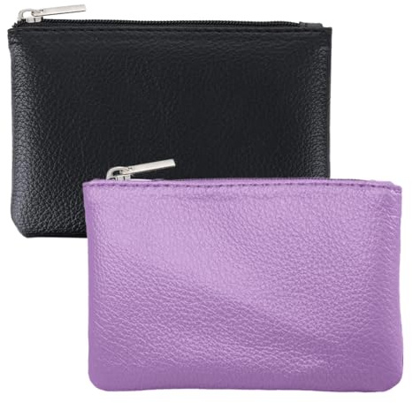 2 Pack Leather Zipper Coin Purse, Portable PU Leather Coin Purse,Mini Coin Pocket Pouch Change Holder, Coin Pouch with Zipper for Men Women Headset Credit Card ID Key Lipstick (Black&Purple)