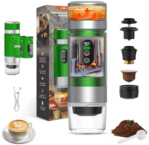 Vtizikl Portable Coffee Machine, 3-in-1 Travel Espresso Machine, Compatible with Small & Large Capsules, Ground Coffee, Self-Heating, USB-C, Ideal for Camping, Office & Home (Green)