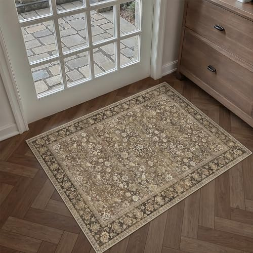 PureCozy Washable Doormat 60x90cm Small Vintage Area Rug,brown | Door Mat, Soft Low Pile,Non Slip, Entrance,Entryway,Kitchen, Bathroom, Laundry Room