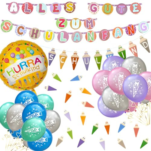 Oblique Unique Einschulung Deko Set Schuleinführung für Jungen und Mädchen mit Zuckertüten Girlanden Luftballons Konfetti Folienballon DIY Deko Schulanfang Party