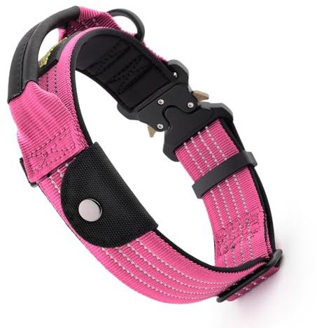 Plutus Pet Tactical Dog Collar with Tracker pocket for AirTag, Adjustable Reflective Nylon Collar, Metal Buckle, Leather-Wrapped Handle, Soft Padded for Medium Large Dogs (Pink, S)