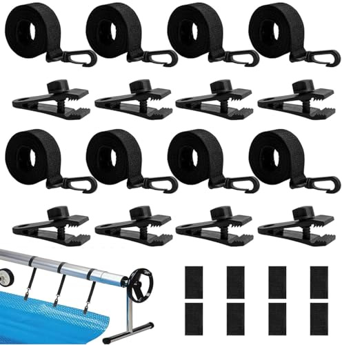 MEISO Enrollador de Piscina, Juego de 8 Bandas de Sujeción y 8 Grapas, Kit de Fijación para Ruedas de Cubierta Solar de Piscina Universales, para Láminas Solares para Lonas de Piscina, Cubiertas