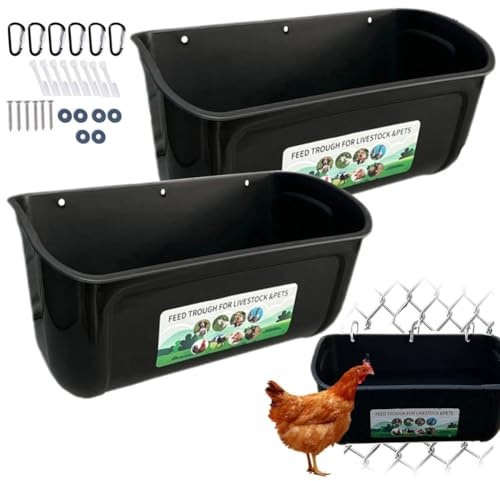 Extra Large Fence Feeder Chicken Hanging Feed Trough Poultry Waterer Bucket Feeding Container with Clips for Livestock Goat Feeder Supplies 2 Pack (Black)