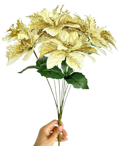 Xiao Hua Flores de Pascua artificiales, arbustos, decoración de flores de Navidad, arreglos florales con purpurina falsa para Navidad al aire libre (ramos de flores XIAO Hua, 10 unidades), dorado