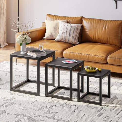 DUMEE Nesting Tables Set of 3 Wooden Coffee Table Side End Tables Sturdy Steel Metal Frame Living Room Bedroom,Space Saving Stacking Nightstand Furniture Small Apartments Dorm Room Easy Assembly,Black