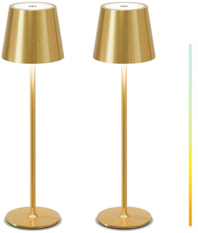 MALUX LED Tischlampe Kabellos 2 Stück Touch Dimmbare 2700K-4000K Metall IP44 Wasserdicht, USB-C Aufladung, 8-15h Akkulaufzeit Tischleuchte für Garten Esstisch Schlafzimmer Balkon Hotel (Gold)