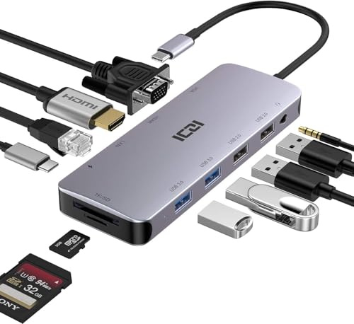 ICZI Hub USB C, adattatore multiporta 11 in 1 con 1 HDMI/VGA/Ethernet, lettore di schede SD/TF, 4 porte USB, PD da 100 W e jack audio da 3,5 mm compatibile con MacBook, Dell/HP/Lenovo