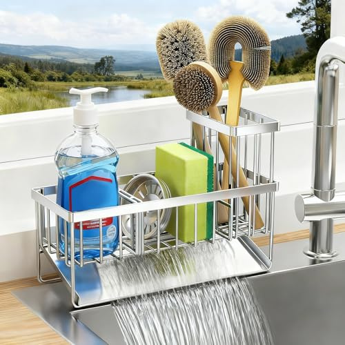 Diskbänksförvaring rostfritt stål 304, multifunktionell svamphållare, köksarrangör diskbänk, med automatisk dräneringspanna, avtagbar skiljevägg, hög borsthållare, för svamp, borste, disktvål