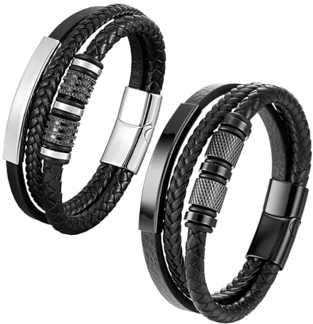 TREABEAR 2PCS Bracelet Homme Cuir 23cm, Bracelet Couple Cuir Noir et blanc, Homme Accessoire Bracelet Cuir Convient Au Quotidien Et Aux Cadeaux