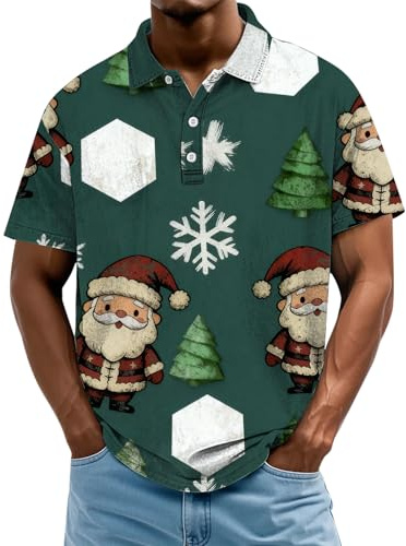 Polo de Navidad para hombre, informal, con estampado de Papá Noel, muñeco de nieve, manga corta, ajuste holgado, para fiestas, vacaciones, verde, L