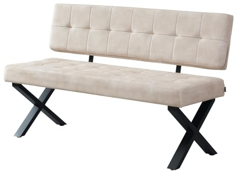 B&D home® Sitzbank Karen 140cm – gepolsterte Esszimmerbank mit Rückenlehne, X-Metallgestell schwarz, Webstoff/Microfaser in Grau, modern Industrial Design für Esszimmer, Küche & Flur