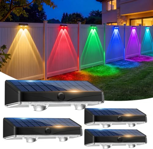 kolpop Solar Wandleuchte Aussen, 9 Farbe&11 Modi Warmweiß RGB Solarlampen für Außen Garten, IP65 Wasserdicht Gartenleuchten Solarleuchten für Außen Zäune Balkon Terrassen Veranda, 4 Stück