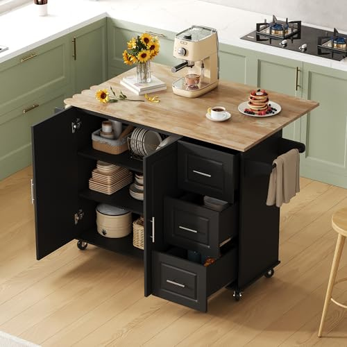 Grande isola da cucina mobile, 137 cm, tavolo da cucina su ruote con piano di lavoro pieghevole, effetto quercia, armadio multifunzione con 3 cassetti, portasciugamani, 5 ruote, per cucina/sala da