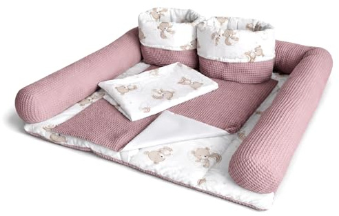 Wickelauflage Set 6-teilig – Wickelunterlage aus Baumwolle & Waffelstoff – Baby Wickelauflage – Geschenk zur Babyparty – Wickeltischauflage – 85x75 cm (Breite x Tiefe), Teddy und rosa
